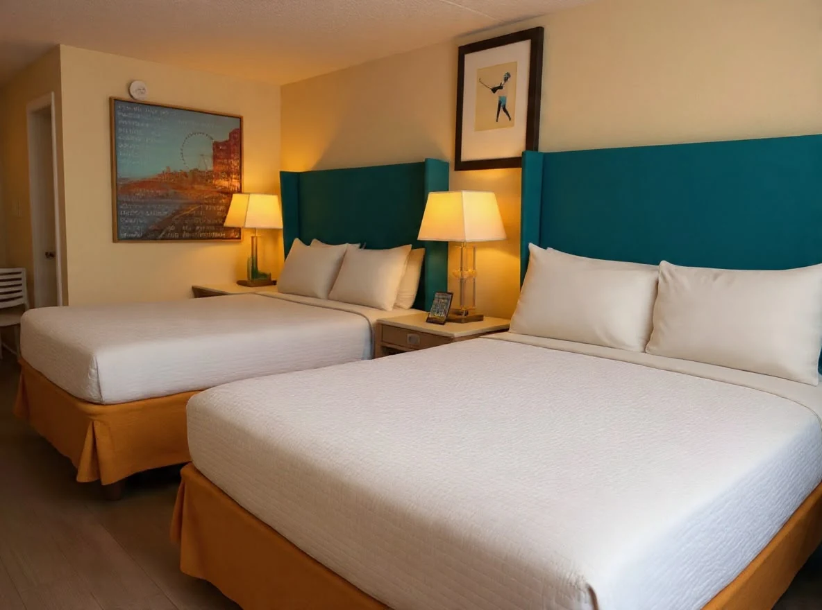 Two-bed room with teal headboards at Budget Inn by the Ocean